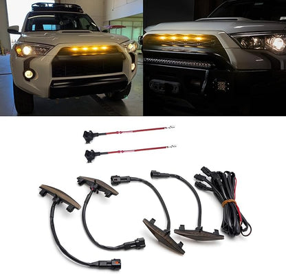 x xotic tech 4pcs Smoked LED Front Grille Marker Light w/Wiring Harness Compatible with Toyota 4Runner 2014-2024 TRD Pro Grille, 2014-2019 SR5 Premium Limited, TRD Off-Road (Amber Light)