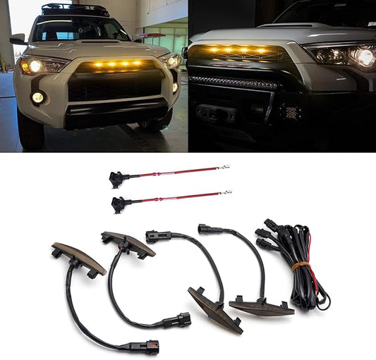 x xotic tech 4pcs Smoked LED Front Grille Marker Light w/Wiring Harness Compatible with Toyota 4Runner 2014-2024 TRD Pro Grille, 2014-2019 SR5 Premium Limited, TRD Off-Road (Amber Light)