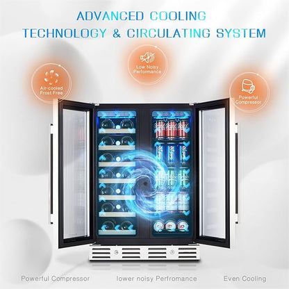 24 Inch Wine and Beverage Fridge, Wine Refrigerator Dual Zone Hold 20 Bottles and 78 Cans,Built-In or Freestanding Digital Touch Control