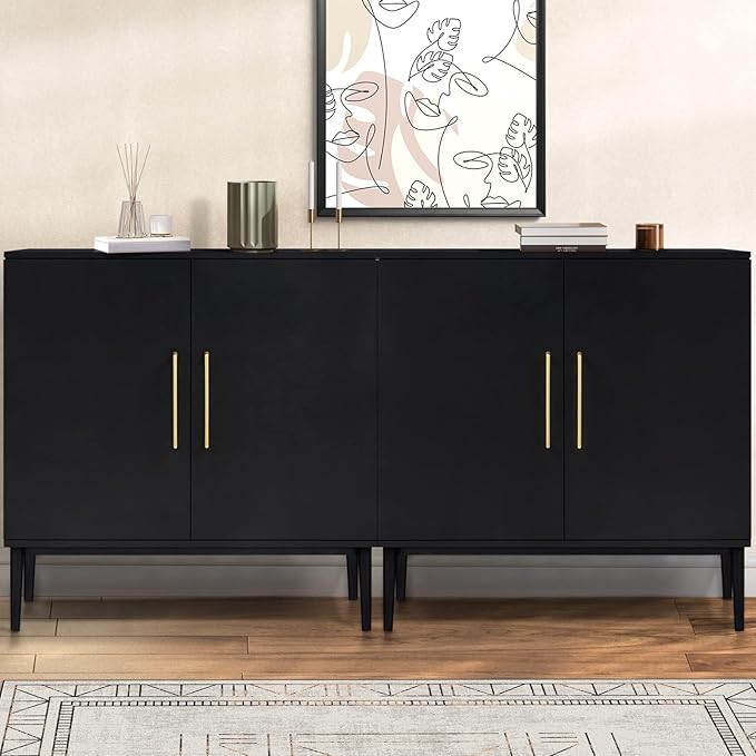 Set of 2 Storage Cabinet with Doors, Modern Black Accent Cabinet, Free Standing Cabinet, Wooden Buffet Sideboards for Living Room, Kitchen, Home Office