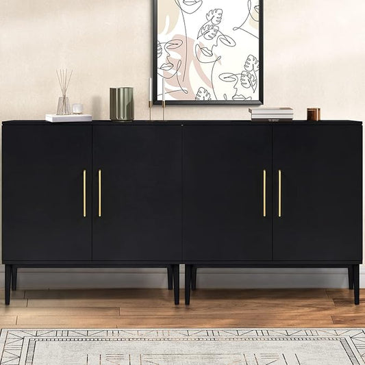 Set of 2 Storage Cabinet with Doors, Modern Black Accent Cabinet, Free Standing Cabinet, Wooden Buffet Sideboards for Living Room, Kitchen, Home Office