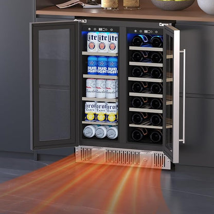 Electactic Dual Zone Wine Cooler with Glass Door, 21 Bottles and 88 Cans Wine and Beverage Refrigerator, 4.4 cu.Ft 24 Inch Built in or Under Counter Wine Fridge with LED Light, Two Door Lock