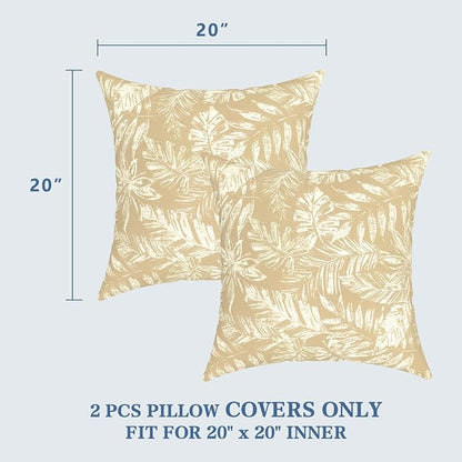 LVTXIII Outdoor Pillow Covers 20x20 Inch, 2 Pack Large Square Throw Pillow Cases, Fade-Resistant Cushion Covers for Patio Furniture Sofa, Garden Porch, Tropical Leaf Oat