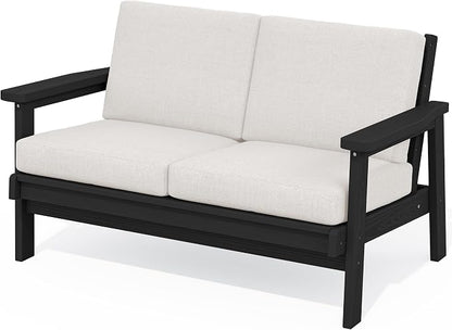 SERWALL HDPE Outdoor Patio Loveseat, All Weather Wood-Like Outdoor Sofa HDPE Outdoor Furniture, Black Frame and Khaki Cushion