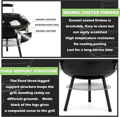 14 inch Charcoal Grill, Joyfair Small Portable BBQ Grill with Locking Lid for Outdoor Camping/Patio/Backyard Barbecue/Tabletop Cooking, Enamel Coated & Dual Vent System (Black)