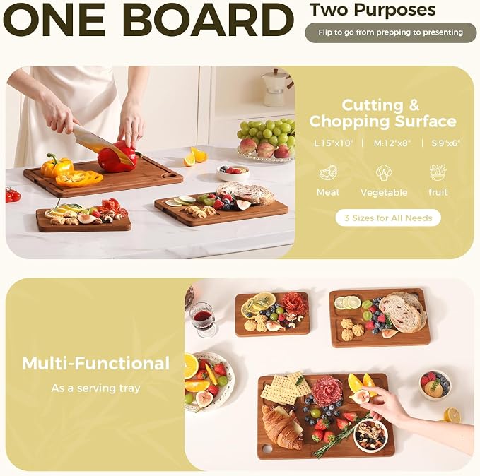 Bamboo Cutting Board for Kitchen, 3-Piece Wooden Cutting Board Set with Deep Juice Grooves, Side Handles, Non-Slip Mats, Reversible Boards for Meat, Vegetables, Fruit and Cheese