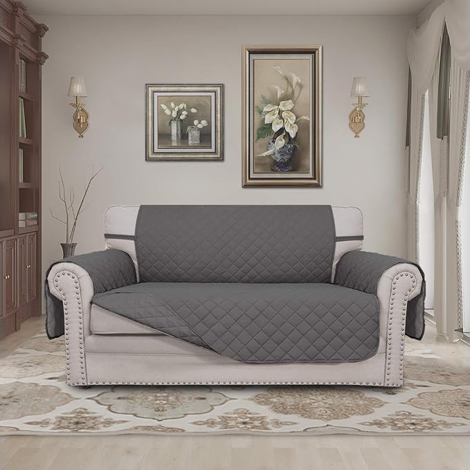 Easy-Going Reversible Loveseat Couch Cover for 2 Cushion Couch Sofa Cover for Dogs Water Resistant Furniture Protector with Foam Sticks Elastic Straps for Pet (Loveseat, Gray/Gray) | Machine Washable Slipcover For Dogs, Water Resistant Furniture Mat Fo...