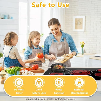36 Inch Electric Cooktop 5 Burner Radiant Stove Top 9200W | 220-240V hardwired radiant cooktop with expandable zones independent timers overflow protection and flat-bottom cookware use