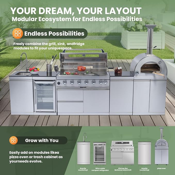 128-Inch Stainless Steel Outdoor Kitchen Island, Propane BBQ Grill with Pizza Oven, Rotisserie, Refrigerator, Granite Countertop, Storage Cabinets & Drawers 120,000 BTU
