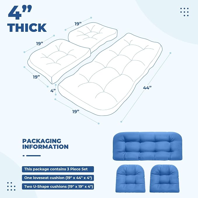 DANGHOOGY Wicker Chair Cushions, Waterproof Outdoor Loveseat Cushions for Patio Furniture, Tufted Wicker Furniture Cushions, 1 Loveseat and 2 U-Shaped Cushions, Royal Blue
