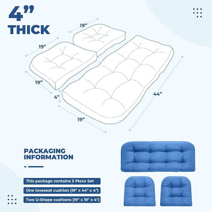 DANGHOOGY Wicker Chair Cushions, Waterproof Outdoor Loveseat Cushions for Patio Furniture, Tufted Wicker Furniture Cushions, 1 Loveseat and 2 U-Shaped Cushions, Royal Blue