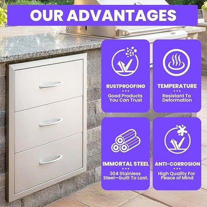 Modular Outdoor Kitchen Drawer Cabinet 18" x 23" x 23", Stainless Steel Cabinet with 3 Drawers, Outdoor Kitchen Cabinets Flush Mount for BBQ Island & Grill