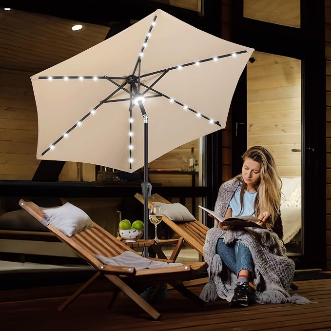 FLAME&SHADE Solar Patio Umbrella with Centre Light, 7.5 FT Beige | UV Protection, Small Solar Outdoor Umbrella for Porch, Deck, Backyard, Garden, Provides Evening Lighting, 24 LED Lights