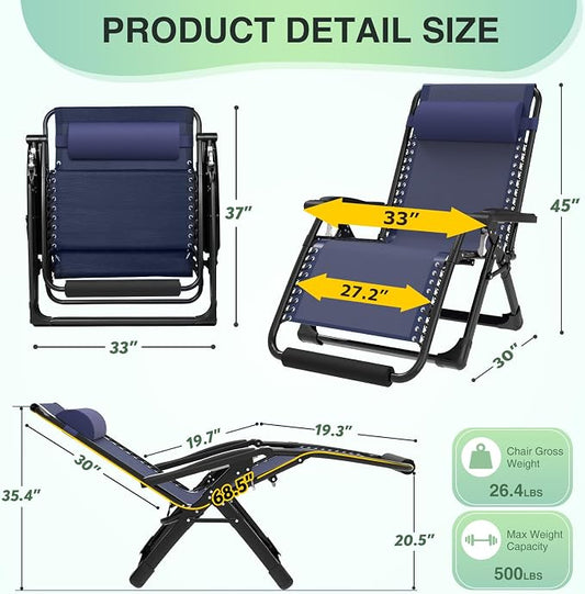 Suteck Oversized Zero Gravity Chair, 500LBS 33" XXL Reclining Lounge Chairs | W/Removable Cushion&Headrest, Upgraded Lock, Big Cup Holder and Footrest, Reclining Camping Chair Recliner for Indoor Outdoor