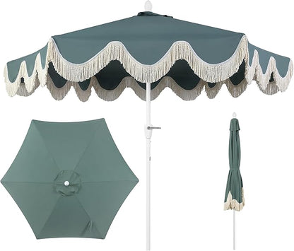 JONATHAN Y UMB1001 Collins 9 ft. Classic Cottage Tassel Market Patio Umbrella with Auto-Tilt, Crank, Wind Vent and UV Protection