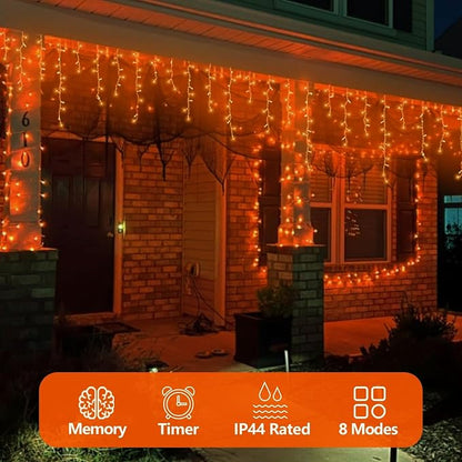 QITONG Orange Lights for Halloween, 99ft 1200 LED Icicle Lights for Outside Plug in, Clear Wire String Light Indoor with 8 Modes for Thanksgiving Fall Décor