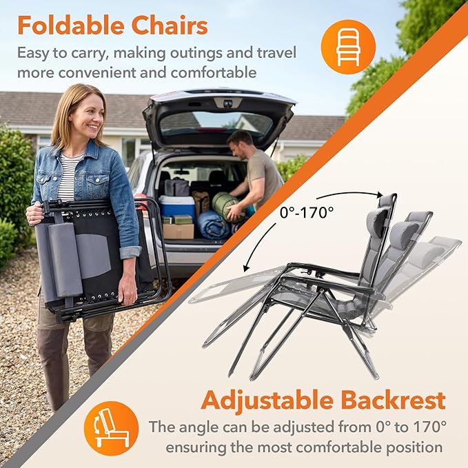 Sweetcrispy Zero Gravity Chairs, Foldable Patio Reclining Chairs with Adjustable Pillow & Cup Holder, Oversized Portable Support 400 lbs, for Backyard Camping, Black-Gray
