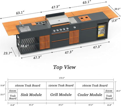 Outdoor Kitchen Island, Powder Coated Stainless Steel Cabinet, LP Grill, Sink, Fridge, Movable BBQ Station Set with Natural Teak Board for Backyard, Patio, Deck, Terrace (Grey, 3 SET)