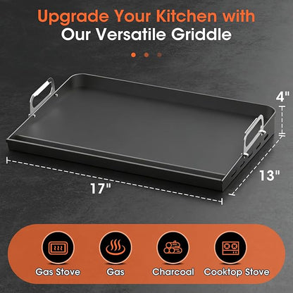 EUTRKei 17"x13" Nonstick Griddle for Gas Grill, Cast Iron Griddle for Stove | Plancha Para Cocinar with Grease Groove, Reinforced Flat Top & Effortless Cleanup, for Parties, Camping &Tailgating