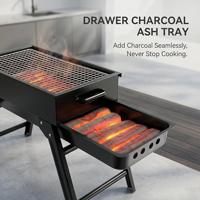 Slot Grill Collapsible, Portable Charcoal Grill with Exclusive Drawer for Easy Ash & Charcoal Add, Foldable BBQ Grills for Camping, Backyard, Picnic