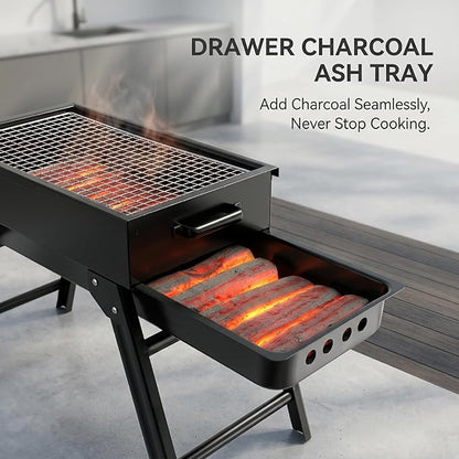 Slot Grill Collapsible, Portable Charcoal Grill with Exclusive Drawer for Easy Ash & Charcoal Add, Foldable BBQ Grills for Camping, Backyard, Picnic