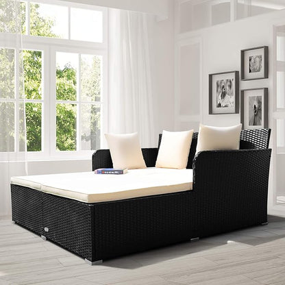 Tangkula Outdoor Rattan Daybed, Wicker Furniture with Spacious Seat, Upholstered Cushion & High-Resilience Sponge, Patio Sofa Set with 4 Pillows, 2-Person Sunbed for Poolside Backyard Garden & Balcony