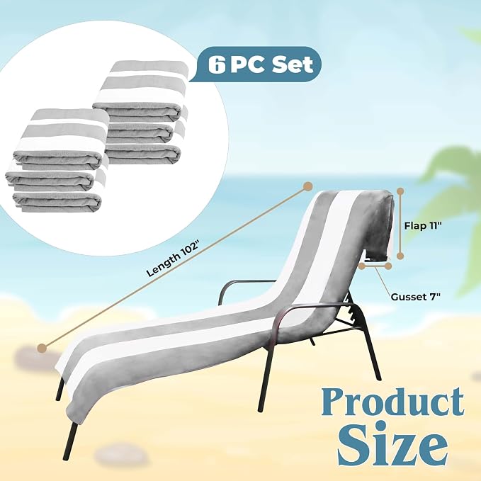 Superior Cabana Cotton Lounge Chair Cover, Outdoor Towel/Chaise Furniture Covers, Terry Cloth, Beach, Spa, Swim Accessories, Pool Chair Cover, Soft, Quick Drying, 32" x 102", Set of 6, Light Grey