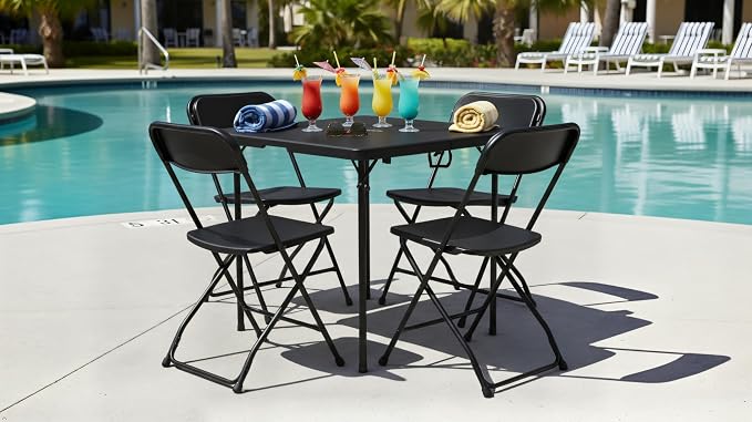 3 Piece Folding Card Table Portable and Chair Set, 34" Square Black Bi-Fold Table 2 Adult Chairs for Board Games Nights Gatherings Party Home Indoor Outdoor Lightweight