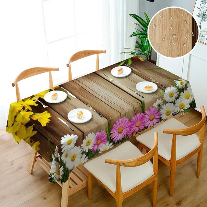 Swono Daisy Flowers Tablecloth Rustic Wooden Colorful Blossom Daisy Rectangle Table Cloth Washable Plaid Table Cover for Kitchen Holiday Dinner, 52x 70 Inch Tablecloth