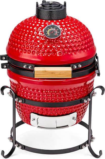 ROVSUN 13IN Red Spherical Ceramic Charcoal Grill with Inner Liner, Portable BBQ Smoker for Outdoor Cooking, Camping, and Backyard Grilling