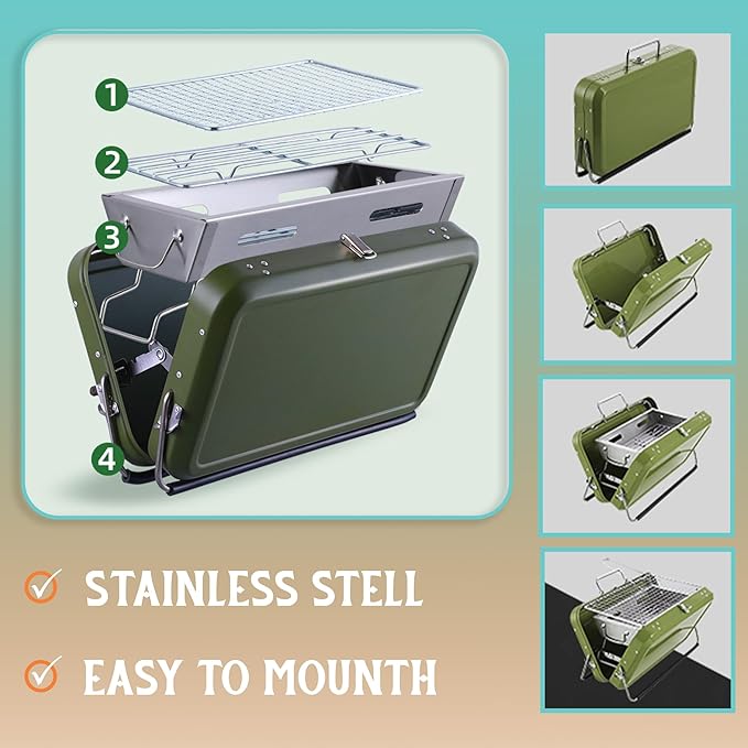 Portable BBQ Charcoal Grill, Folding Stainless Steel Mini Grill for Camping, Hiking, Outdoor Cooking, Small Tabletop Picnics, Backyard, Tailgating, Compact Travel BBQ Carry Bag, Father’s Day Gift