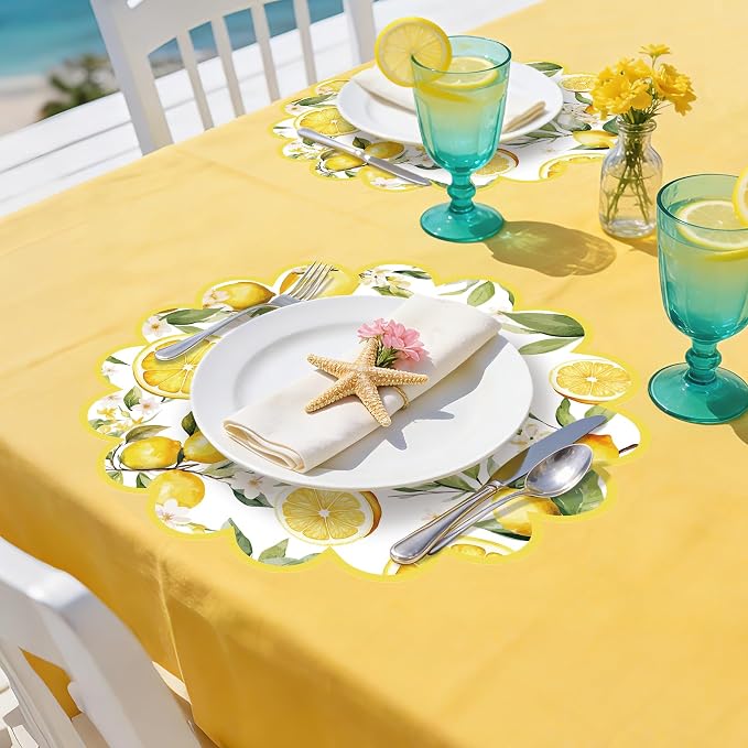 100 Pcs Lemon Paper Placemats Yellow Fruit Place Mats 13.5 Inch Disposable Round Decorative Dining Table Mats with Scalloped Edges Paper Cutouts for Spring Birthday Bridal Wedding Party Supplies