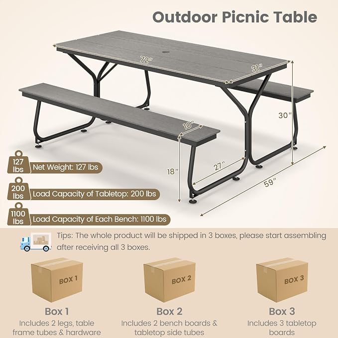 Giantex 6 FT Outdoor Picnic Table Bench Set for 6-8 People, 2400 LBS Capacity Patio Dining Table & 2 Benches with Metal Frame & HDPE, Balcony Conversation Set for Poolside Deck Garden (Gray)