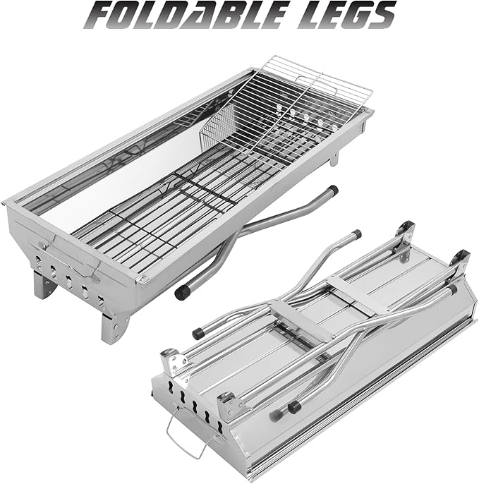 Portable Barbecue Charcoal Grill Folding Lightweight BBQ Tool Kits Stainless Steel Charcoal Grill for Outdoor Cooking Camping Hiking Picnics Backpacking Beach Tailgating, Asadores de Carbon (Silver)