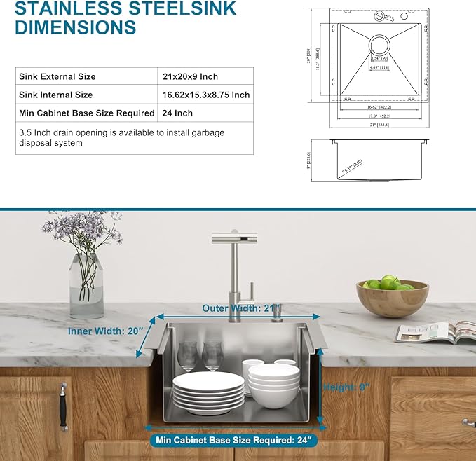 21 Inch Drop In Outdoor Kitchen Sink Bar Prep Sink Workstation 16 Gauge Stainless Steel Single Bowl Small Sinks With Pull-out Faucet 21"x20"x9"