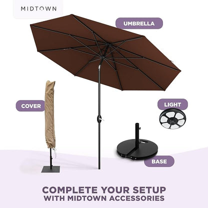 Midtown Umbrellas – The Lean 10 Ft Patio Umbrella with 10-Year-No-Fade Acrylast Acrylic Fabric, Auto-Tilt and 8 Reinforced Ribs for Deck, Pool, Garden, Hotel & Cafes – Cedar Wood Canopy, Black Pole