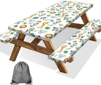 Jungle Safari Picnic Table Cover with Bench Covers, Camping Essentials, Animal Print Waterproof Windproof Table Cover, Fitted Tablecloth Cover with Elastic Edge, for Indoor & Outdoor 3 PCS 30x60 Inch
