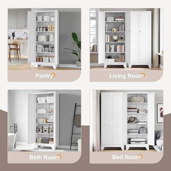 Yizosh Metal Pantry Cabinet, 75" Kitchen Pantry with 2 Door and 4 Adjustable Shelves,White Metal Pantry Storage Cabinet,Cupboard for Kitchen,Dining Room,Living Room and Bathroom