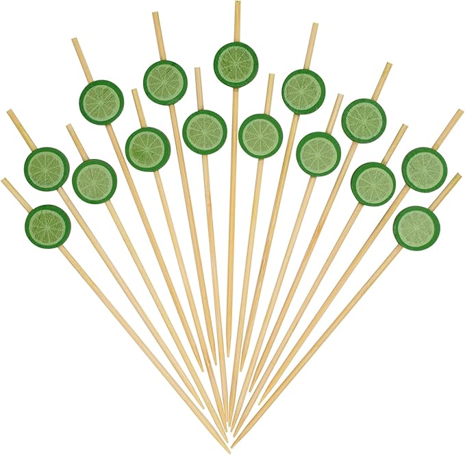 Minisland Green Lemon Cocktail Picks, 4.7 Inch Long Bamboo Fancy Toothpicks for Appetizers, Decorative Spring Summer Tropical Party Food Drinks Garnish Fruit Kabob Skewer Sticks 100 Counts - MSL421