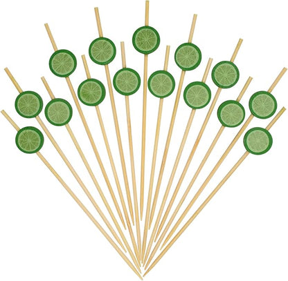 Minisland Green Lemon Cocktail Picks, 4.7 Inch Long Bamboo Fancy Toothpicks for Appetizers, Decorative Spring Summer Tropical Party Food Drinks Garnish Fruit Kabob Skewer Sticks 100 Counts - MSL421