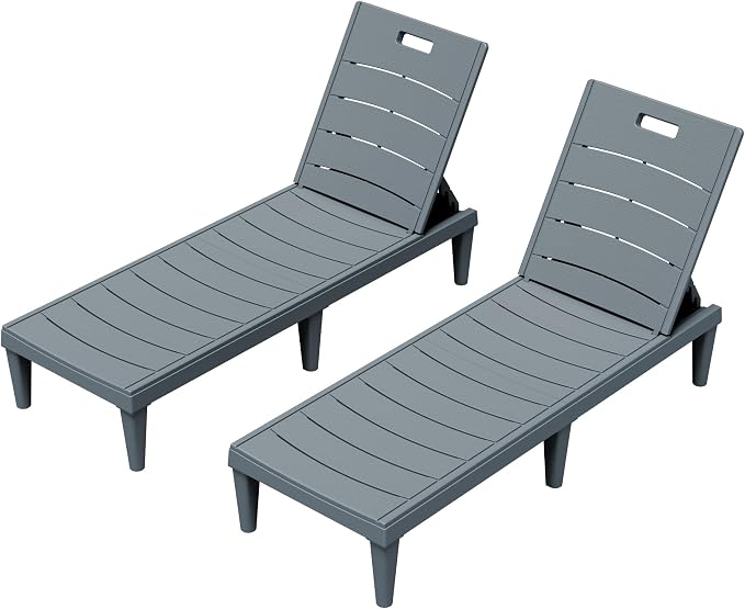 Greesum 2-Pack Adjustable Chaise Lounges, Grey | 5-Pos Recline, Waterproof PP, UV-Resist, Easy-Clean, for Pool/Patio/Beach, Tool-Free