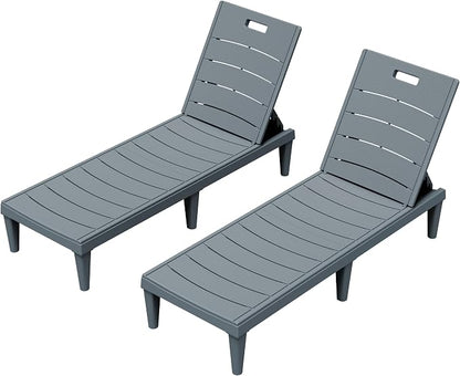 Greesum 2-Pack Adjustable Chaise Lounges, Grey | 5-Pos Recline, Waterproof PP, UV-Resist, Easy-Clean, for Pool/Patio/Beach, Tool-Free