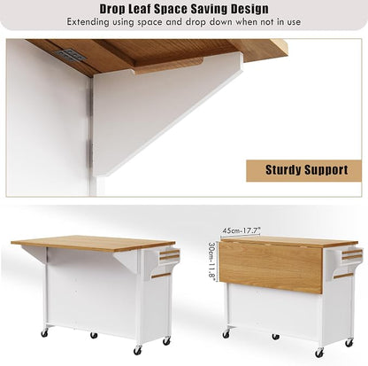 Ball & Cast Kitchen Island with Drop Leaf,Embossed Texture Kitchen Island On Wheels with Spice & Towel Rack,2 Doors and 5 Drawers,Kitchen Storage Cart W/Adjustable Shelf for Kitchen,White,52"