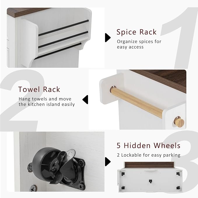 Merax 53.2" Two-Tier Kitchen Island with Storage, Farmhouse Kitchen Island with Power Outlet, 4 Door Shelves, Adjustable Shelves, 3 Drawers, Rolling Island Table, Bar Cabinet for Kitchen, Rustic White