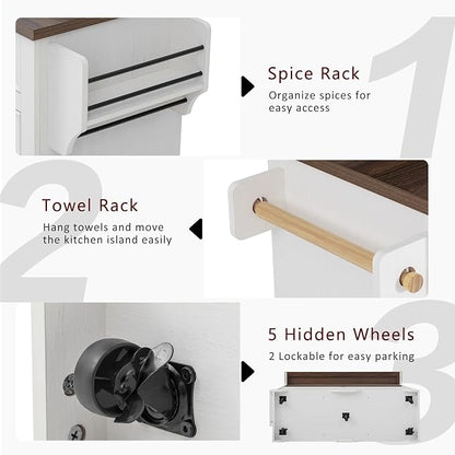 Merax 53.2" Two-Tier Kitchen Island with Storage, Farmhouse Kitchen Island with Power Outlet, 4 Door Shelves, Adjustable Shelves, 3 Drawers, Rolling Island Table, Bar Cabinet for Kitchen, Rustic White