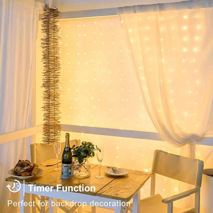 10x10Ft Curtain Lights 300 LED Dual Color Changing Lights with Timer Remote | Plug in Curtain Lights Connectable Outdoor Waterproof String Light for Bedroom Wedding Party Decor, Warm White & Multicolor