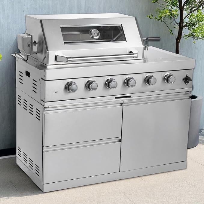 4 Burner Outdoor Kitchen Island with Grill and Side Burner, 72000 BTU Deluxe Stainless Steel Modular Outdoor Kitchen, Gas Propane BBQ Island with Rotisserie, Storage Cabinets & Drawers, 46"W, Silver