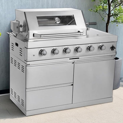 4 Burner Outdoor Kitchen Island with Grill and Side Burner, 72000 BTU Deluxe Stainless Steel Modular Outdoor Kitchen, Gas Propane BBQ Island with Rotisserie, Storage Cabinets & Drawers, 46"W, Silver