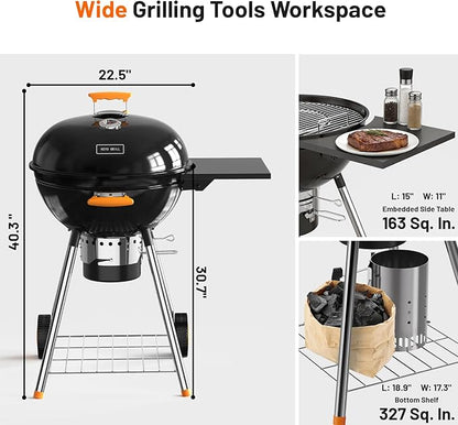 KEYO GRILL 22.5-inch Kettle Charcoal Grills, Portable Charcoal Grill with Adjustable Vents, One Click Cleaning System, Foldable Side Table Outdoor BBQ Grill for Camping, Tailgating and Backyard