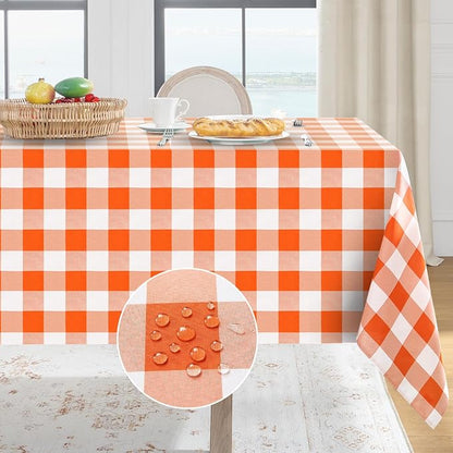 Softalker Gingham Checkered Tablecloth Square - Outdoor Waterproof Buffalo Plaid Table Cloth, Stain Resistant Washable Table Cover for Picnic, Camping, Dining - Orange and White, 54 x 54 Inch